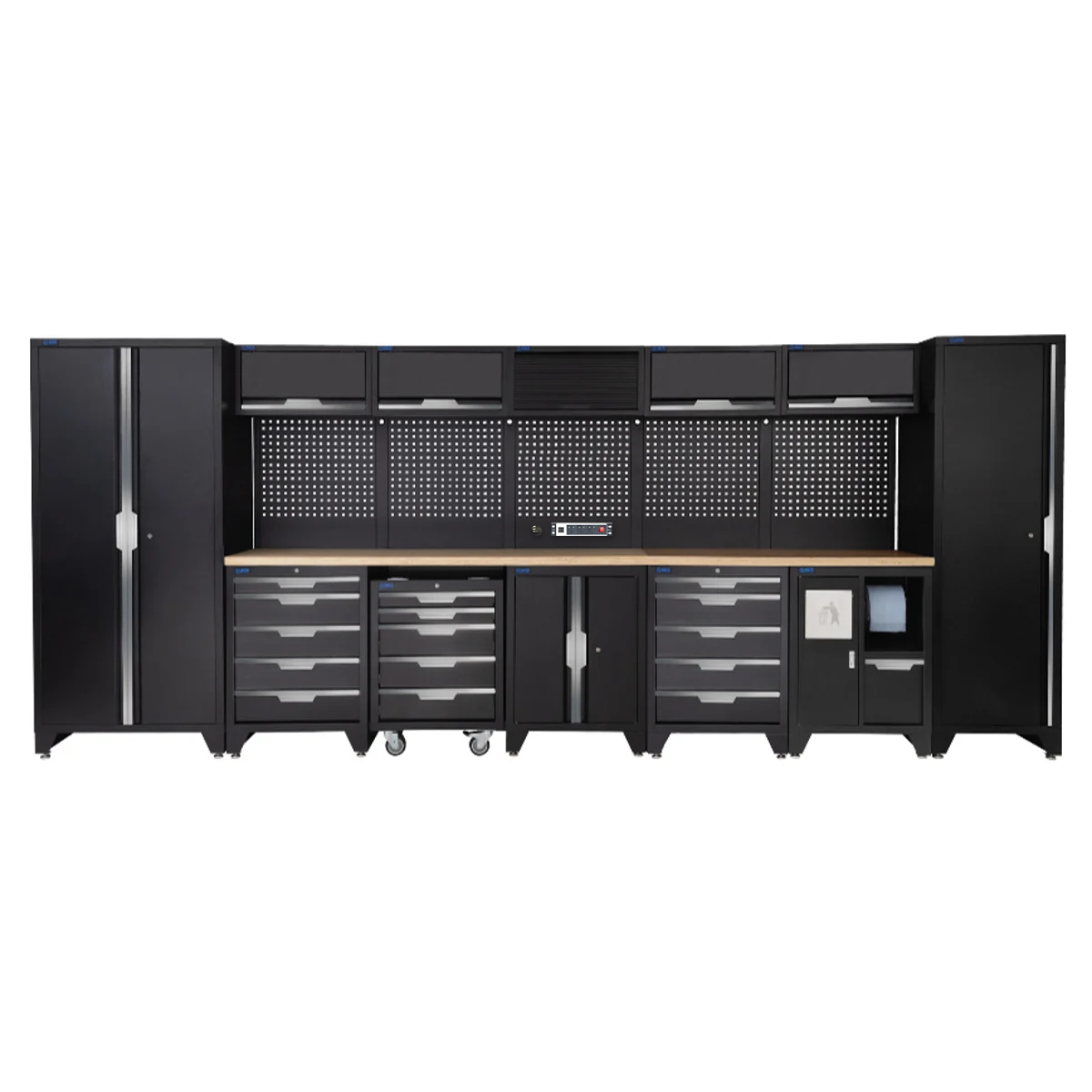 SGS 17pc Garage Storage System | 15 Drawers | Pressed Wood Worktop | Tall Single & Double Cabinets | Bin Unit | Floor Cabinet | 5x Upper Cabinets | Pegboard with Power Strip